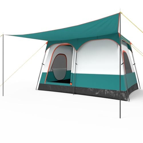 TANGZON 2-Room Family Camping Tent, 8-10/6-8/4-6 Man Privacy Changing Room Shelter with Porch, Removable Rainfly, Carry Bag, 2 Windows & 2 Doors, Easy Setup Large Dome Tent (320 x 210 x 180 cm)
