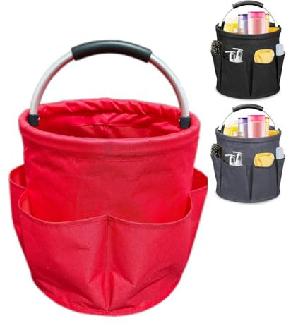 17L cleaning caddy with handle, Foldable Cleaning Supply Caddy with 6 Pockets Cleaninց Cadd𝗒 Bag, 17L Portable Cleaninց Bucket Organiser for Outdoor Camping Garden Bathroom Storage (red)