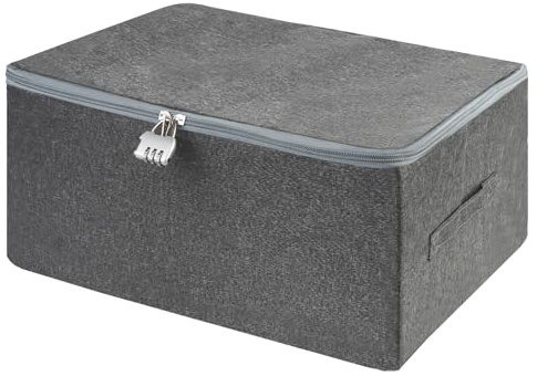 BATHRINS Abschließbare Box, Aufbewahrungsbox mit Deckel Stoff, Box Abschließbar Grau, Faltbare Stoffbox mit Schloss, Abschliessbare Kiste für Bettwäsche Kleidung Toys(40×30×21cm)