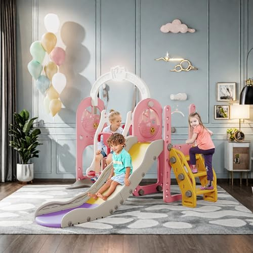 Schaukel Rutsche, 6 in 1 Kinderrutsche Mit Schaukel, Klettergerüst, Basketballkorb,Teleskop,Aufbewahrung,Indoor und Outdoor Freistehende Rutsche,Für Ab 1 Jahr (Rosa)