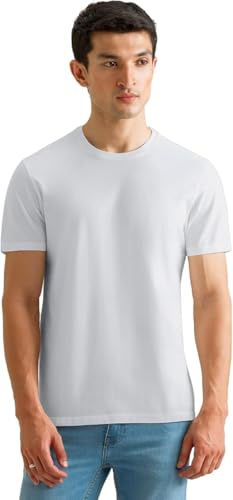 Mens White Premium Cotton Stretch T-Shirt, Smart Fit, Crew Neck, Half Sleeves, Anti-Pilling, Soft and Breathable Casual Essential Tee (UK, Alpha, L, Regular, Regular, White)