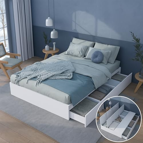 Generisch Stauraumbett 140 × 200 cm, Palettenbett/Massivholzbett mit Stauraum, 2 Schubladen & Box, Weiß, ohne Matratze