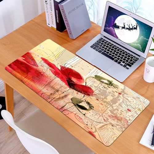 KDWJS Tapis de Souris XXL Speed Gaming - 90x40 cm - Base en Caoutchouc antidérapant Extended - Améliore la précision et la Vitesse - Fleur, Coquelicot Rouge, Fleurs Beiges, Aquarelle, Conception numé