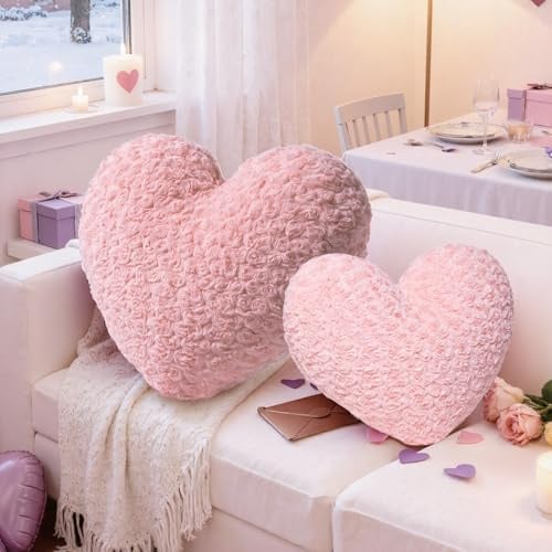 Lanpn 2 Stück Valentinstag Herz Kissen, Rot Herzform Kissen Plüsch Herzkissen Love Zierkissen Aesthetic Dekokissen für Wohnzimmer Schlafzimmer Sofa Valentinstag Dekor (Rosa, 42x31cm & 36x27cm)