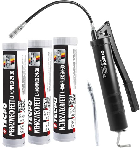 TECPO Hochleistungs Mehrzweckfett Li-Komplex 2N-30 3X 400g mit Handfettpresse Kartusche Langzeitfett Wälzlagerfett reibungs- und stoßmindernd Schmierfett mit Schmierpresse