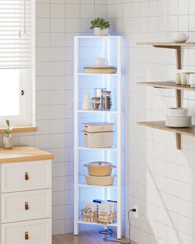 Apetaccat Eckregal mit 6 Ebenen und LED-Beleuchtung, Standregal, dreieckiges Stand-Displayregal, platzsparendes Aufbewahrungsregal für Wohnzimmer, Schlafzimmer, Küche & Bad, Weiß, 37 × 27 × 150 cm