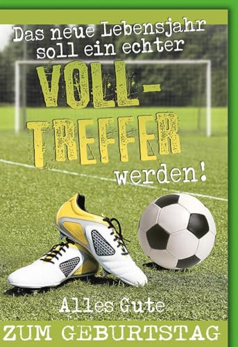 Geburtstagskarte Fröhlich - Fußballfans - Fußballschuhe und Ball auf Spielfeld - Klappkarte mit Umschlag Glückwunschkarte Geburtstag