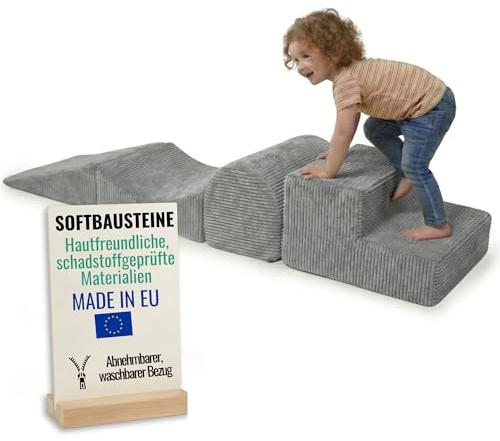 Pillows24 – Schaumstoff Bausteine Kinder aus Cord | 4-teiliges Softbausteine Set zum Spielen & Klettern Baby | Schaumstoffbausteine XXL für Motorik & Bewegung | Dunkelgrau