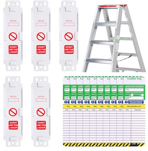 Ladder Tags, 5 Holders and 10 Ladder Inspection Tag Inserts, Waterproof Ladder Inspection Tags- Inspection Record Kit for All Ladder Types Platforms, Steps Protect Ladder Safety for Indoor & Outdoor