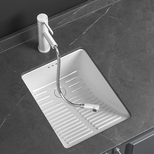 Encastré Vasque Salle de Bain en Céramique avec Évier Intégré, Petit Lavabo avec Kit de Vidange, pour Salles de Bains, Toilettes et Balcons