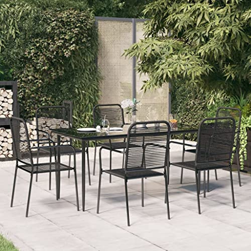 SooIarix Juego de 7 sillas apilables para jardín, cuerda de algodón negro y acero con mesa de cristal de 160 x 80 cm, 6 sillas apilables para balcón, salón de exterior y jardín, uso al aire libre