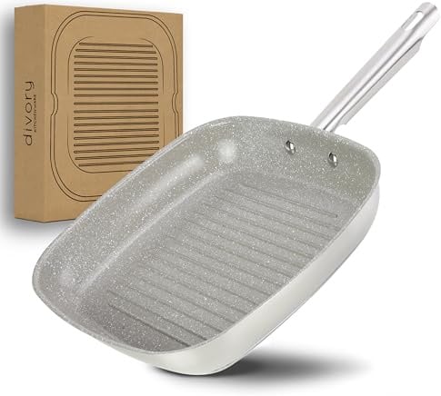 DIVORY Bistecchiera Rigata a Induzione 28 x 28 cm, Padella per Bistecca in Acciaio Inox con Rivestimento in Ceramica - Adatta al Forno e a Tutti i Piani Cottura, Senza PFAS e PTFE (Natura, 28 cm)