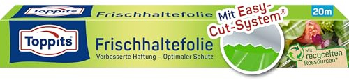 Toppits Frischhaltefolie - 1 x 20m Selbsthaftende 3-Schicht Spezialfolie, Ergonomische Packung mit Abreiß-Säge, Transparent