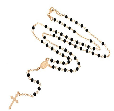 Sinfonie gioielli Collana uomo donna Rosario girocollo argento 925 modello Rosario classico perline nere croce e icona argento Perfetto per lui e per lei (Rosa/nero)