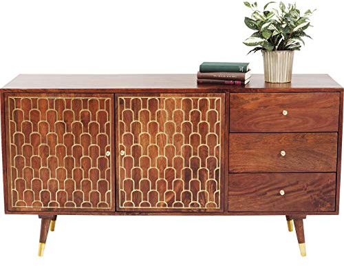 Kare Sideboard Muskat, braun, Kommode, 3 Schüben, 2 Türen, goldene Akzente, handgefertigt, Retro Sideboard, 75x145x45 cm (H/B/T)