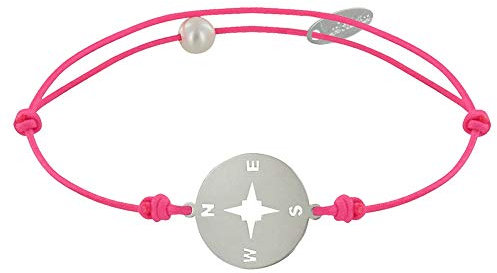 LES POULETTES BIJOUX - Bracelet Lien Fluo Médaille Argent 925 Ronde Rose des Vents - Rose