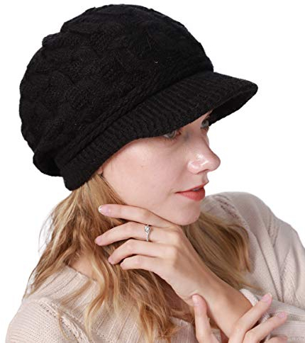 YONKOUNY Cappello Invernali da Donna Morbido Caldo Beanie Berretti con Visiera Cappello in Maglia di Lana Eleganti Baschi Cappello per Sci (IT, Testo, Taglia Unica, Nero)