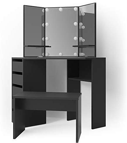 Vicco Frisiertisch für die Ecke Arielle, Schwarz, 110 cm mit LED Beleuchtung und Bank