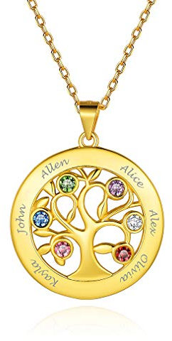 Custom4U Collier Personnalisé Prénoms Argent 925 Collier Médaillon Arbre de Vie Plaqué Or