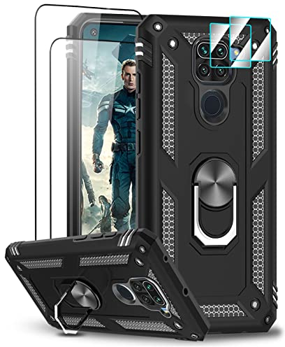 LeYi Cover per Xiaomi Redmi Note 9 con 2 Vetro Temperato e 2 Protezione Camera, Anello di Supporto Militare Anti-Caduta Bumper Antiurto Rigida Armatura Custodia per Xiaomi Redmi Note 9 Nero