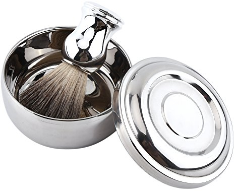 Uxsiya Shave Tool Kit Convenient Stainless Steel Shaving Brush Kit Alloy Shaving Brush Shaving Soap Mug Bowl with Lid + Silver Handle Faux Badger Hair Brush for Men