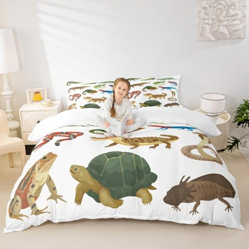 Homewish Animal Bedding Set 2pcs for Kids Boys Crocodile Frog Snake and Tortoise Decor Comforter Cover Reptile Duvet Cover Set Microfiber Bedspread Cover with 1 Pillow Case(No Comforter) Twin Size