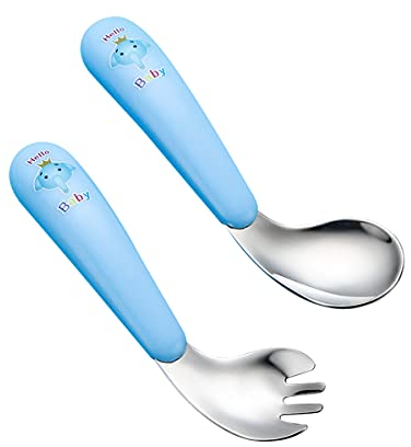 2Pcs Cuillères Apprentissage Acier Inoxydable pour Bébé,Ensemble cuillère Fourchette Bébé, Cuillère d'exercice Courbé Apprentissage, Couverts Enfant Sevrage avec Motif Singe et Carotte