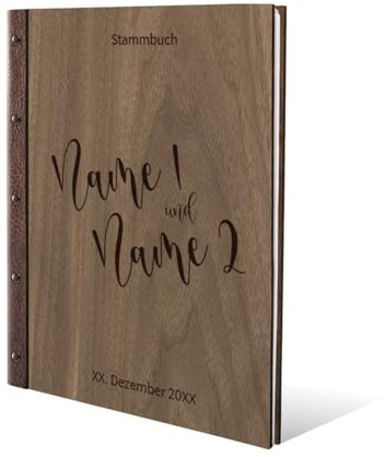 Personalisiertes Stammbuch Hochzeit aus echtem Holz mit Leder Rücken A5 oder A4 inkl. vorgedruckten Seiten - Comic Schrift