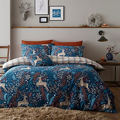 Happy Linen Company Bettwäsche - winterliches Design mit Hirsch-Motiven - wendbar - Blau - Bettwäsche-Set für EIN Einzelbett