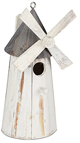 Relaxdays Deko Vogelhaus, Holz, Dekohäuschen Windmühle, Garten, Balkon, Vogelhäuschen, HBT: 32x13,5x13,5 cm, weiß/grau