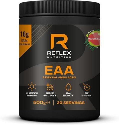 Reflex Nutrition EAA - Complete Essential Amino Acids - 16g EAAs with BCAAs, Vitamin B6, Electrolytes - Full Spectrum Amino Acids Powder for Muscle Growth & Recovery (Watermelon, 500g, 20 servings)