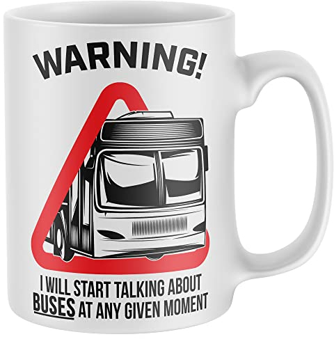 Purple Print House Warning Will Talk About Buses Mug, Funny Coffee Cup, Bus Spotter Gifts for Him, Public Transport Birthday Present Ideas For Dad or Son, One Size, White