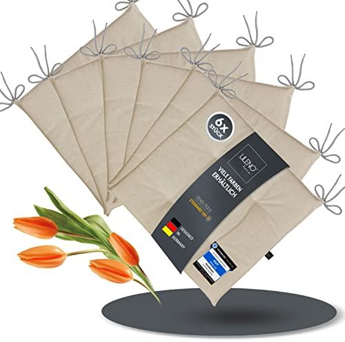 LILENO HOME 6er Set Stuhlkissen Latte (40x40x4,5 cm) - Sitzkissen für Gartenstuhl, Küche oder Esszimmerstuhl - UV-beständige Indoor u. Outdoor Stuhlauflage als Stuhl Kissen (Laura FUM)