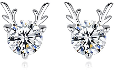 Cangall Silber Weihnachten Ohrringe Damen, 925 Sterling Silber Weihnachts Ohrstecker, 8mm Süße Schlafen Knorpel Elch Ohrstecker mit Weiß Zirkonia, Silber Damen Elch Ohrstecker für Frau Freundin