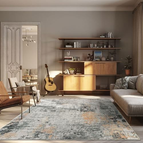 TALETA Teppich Wohnzimmer, waschbarer Teppich Kurzflor, Moderner Teppich für Schlafzimmer, Küche, Esszimmer, Grauer Teppich mit schwarz-goldenem Muster, Groß: 140x200cm