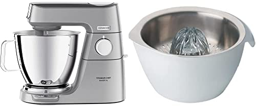 Kenwood Titanium Chef Baker XL KVL85.424SI Küchenmaschine mit integrierter Waage & 2 Rührschüsseln, 1200 Watt, inkl. 4 teiligem Patisserie Set, Silber & AT312 Zitruspresse