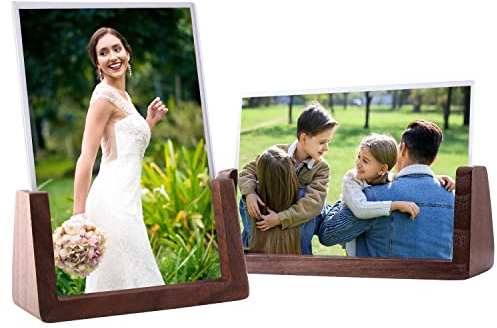 Idocolors 2er Set Holz Bilderrahmen für Foto 5x7 (13x18cm) Fotorahmen Portraitrahmen für Tischplatte Rahmen Frame aus Acryl (Horizontal+Vertikal) Walnuss