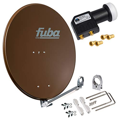 HB-DIGITAL hb-digita & Fuba 80cm Satellitenantenne DAL 800B braun Aluminium Schüssel Reflektor Spiegel Klapparm Twin LNB 2 Teilnehmer UHD schwarz + vergoldete F-Stecker