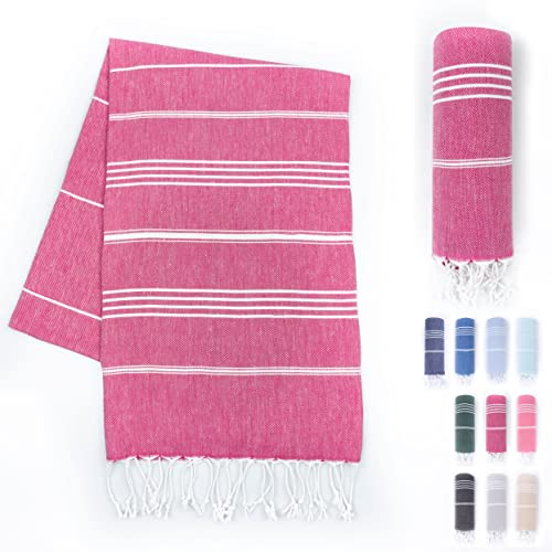 LAYNENBURG Premium Hamamtuch mit handgeknüpften Fransen - 100% Baumwolle - XXL Strandtuch 100x200 cm - Oeko-TEX 100 - Strandhandtuch groß - Saunatuch & Reisehandtuch (Fuchsia)