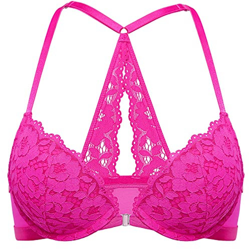 DOBREVA Women's Push Up Front Fastening Bras Racer Back Lace Padded Plunge Underwired Bra Glitter Pink 34A