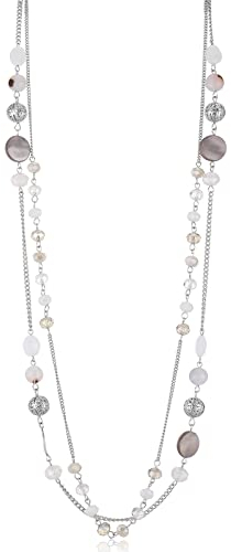 FULU AUTUMN Damen Statement Kette Lange Perlenkette Silber Chain Zwei Strang Modeschmuck Halskette Geburtstagsgeschenk(White)