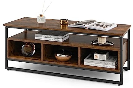 KOMFOTTEU Meuble TV Industriel en Bois, Table TV pour Télévision de 50 avec 1 Grande Étagère Ouverte et 3 Casiers, Table Basse avec Pieds réglables, 110 x 42,5 x 45 cm, Marron Rustique