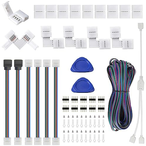 Conector de tira LED 8mm 4 pin para 3528 2835 RGB luces de cuerda, 32.8ft/10M cable de extensión, conector de esquina en forma de L, conector de puente sin soldadura para 5V 12V Multicolor tira LED