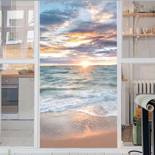 Meer 3D Fensterfolie Strand Fensterfolien Selbstklebende Folien Blickdicht Glasaufkleber Statisch Selbsthaftend Ohne Kleber Uv Schutz Fensterfolie Milchglas 50x120cm