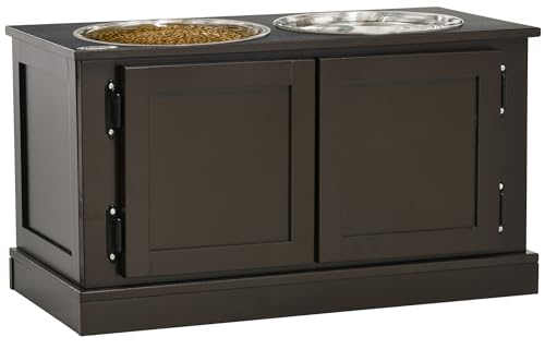 PawHut Erhöhter Hundenapf Futternapf mit Ständer Wassernapf 2 x 2L Edelstahlnäpfen mit 29,5L Stauraum Fressnapf für Große Hunde, Kaffee