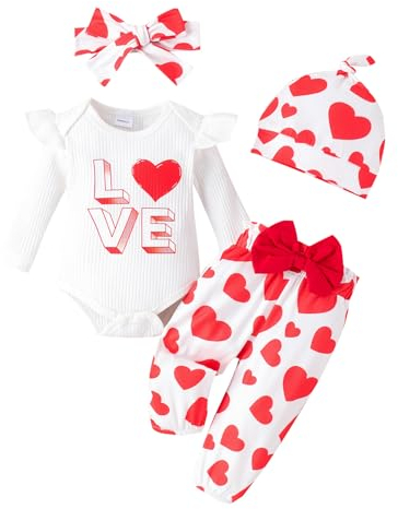 Winmany 4PCS Baby Mädchen Strampler Outfits Set Kleinkind Valentinstag lange Ärmel Top Hose Kleidung Kleinkind Liebe Herz Bodysuit (4, Weiß Rot, 3-6M)