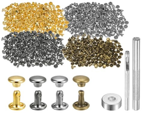 QUARKZMAN 400 Set di Rivetti in Pelle 6 x 6mm Elementi Fissaggio Borchie Rivetto a Doppio Cappuccio Metallo con 3 Attrezzi Montaggio per Artigianato Pelle Riparazioni, 4 Colori