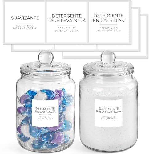 Winter Shore Bocaux en Verre 2L avec Couvercles & Étiquettes (Lot de 2) - Essentiels d'Organisation & Rangement Buanderie - Jarre Verre Hermétique - 8 Étiquettes Lessive, Capsules & Adoucissant