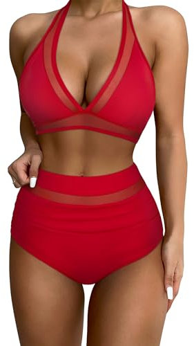 RXRXCOCO Damen Mesh Neckholder Rückenfrei Bauchweg High Waist Bikini Set Push Up Sexy V Ausschnitt Zweiteiliger Badeanzüge Bademode Rot Size M