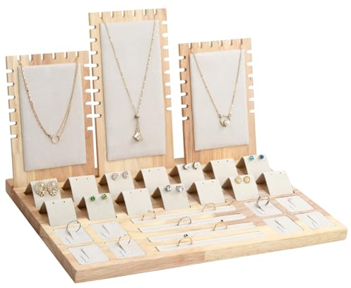 Espositore per Gioielli in Bambù, Supporto per Vetrina Collane, Portagioie con Vassoio, Porta Orecchini Organizer in Velluto, Portaoggetti Anelli Vetrina per Bracciali Bancone del Negozio (Crema)